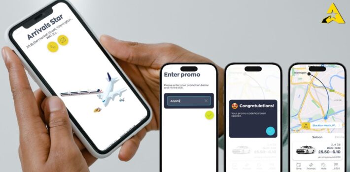 Arrivals Star Taxi App on smartphone showcasing user-friendly interface and exclusive App23 promotion for discounted rides.